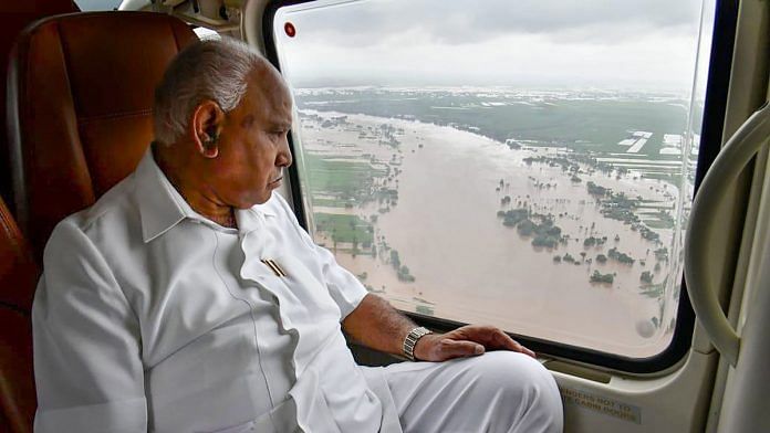 Karnataka Chief Minister B S Yediyurappa during his aerial survey of the flood affected areas, in Bagalkot | PTI