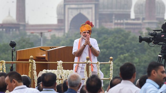 Prime Minister Narendra Modi greets the media during 73rd Independence Day function at the Red Fort, in New Delhi, 15 August, 2019 | Arun Sharma | PTI