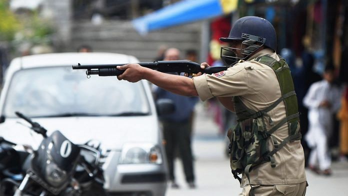File photo of a policeman with a pellet gun in Srinagar | ANI Photo