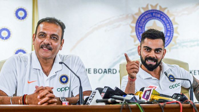 Ravi Shastri with Indian skipper Virat Kohli at a press conference before the West Indies tour, in Mumbai | ANI File Photo