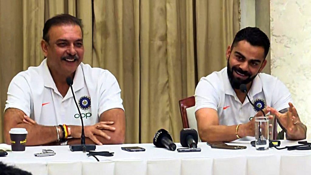 Ravi Shastri with Indian skipper Virat Kohli at a press conference before the West Indies tour, in Mumbai | ANI File Photo