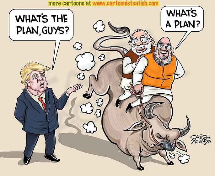 Satish Acharya cartoon on Trump, Modi & Shah