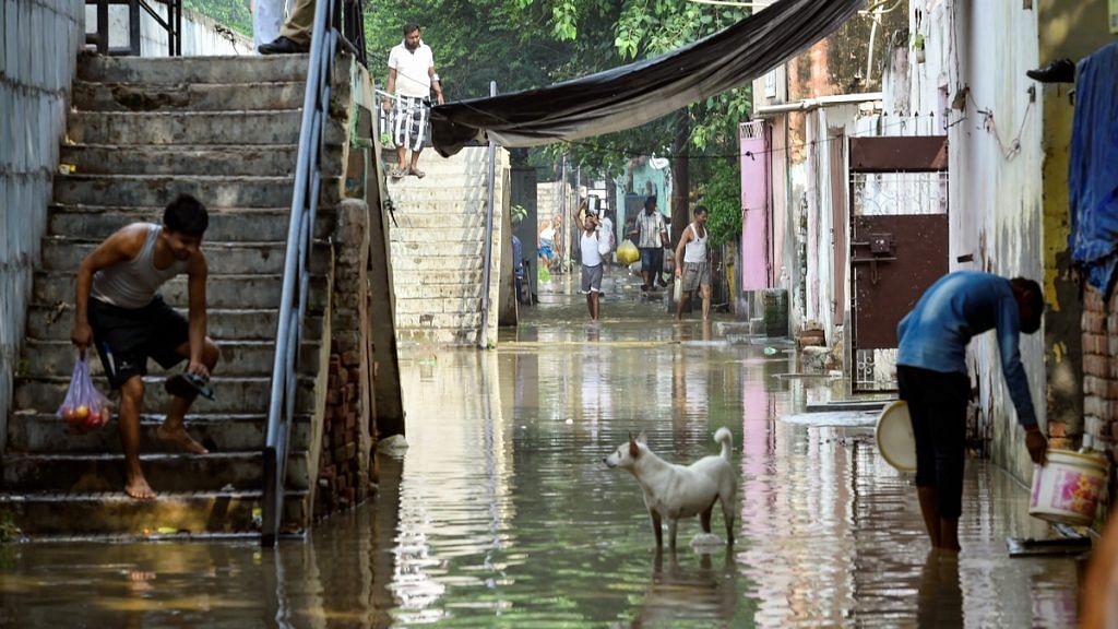 A flooded locality along the banks of Yamuna river after rise in its water level following release of water from the Hathinikund Barrage, in New Delhi