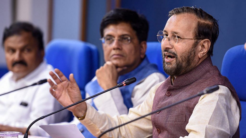 Union Minister of Environment, Forest and Climate Change Prakash Javadekar along with Union Railways Minister Piyush Goyal addresses a press conference in New Delhi, announcing the clearance of FDI in coal mining | PTI