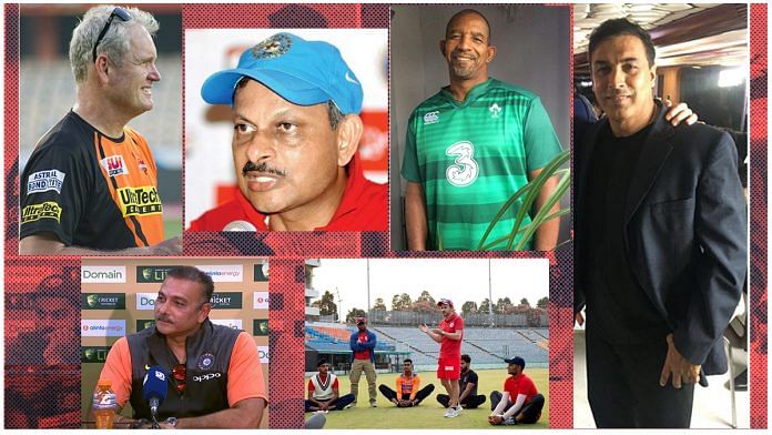 (Clockwise from top left) Tom Moody, Lalchand Rajput, Phil Simmons, Robin Singh, Mike Hesson (standing in red), Ravi Shastri | WikiCommons, Twitter