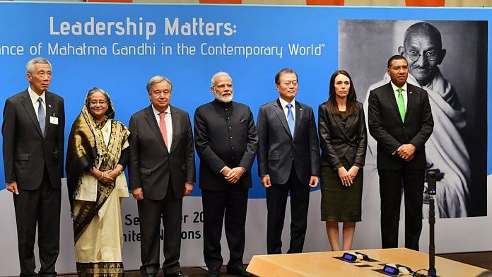 (L-R) Singapore Prime Minister Lee Hsien Loong, Bangladesh Prime Minister Sheikh Hasina, UN Secretary-General Antonio Guterres, Prime Minister Narendra Modi, South Korean President Moon Jae-in, New Zealand Prime Minister Jacinda Ardern and Jamaican Prime Minister Andrew Holness pose for a group photograph during a special event commemorating the 150th anniversary of Mahatma Gandhi, during the United Nations General Assembly, New York, Tuesday, Sept. 24, 2019. | PTI
