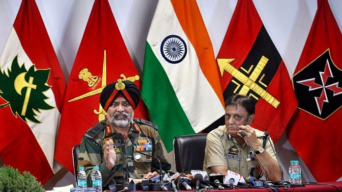 Chinar Corps Commander Lieutenant General KJS Dhillon and Jammu and Kashmir Police chief Munir Khan address a joint press conference, at army's Badami Bagh Headquarters in Srinagar
