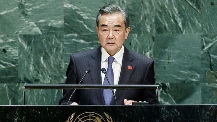 File image of Chinese foreign minister Wang Yi speaking at the UN General Assembly | Twitter
