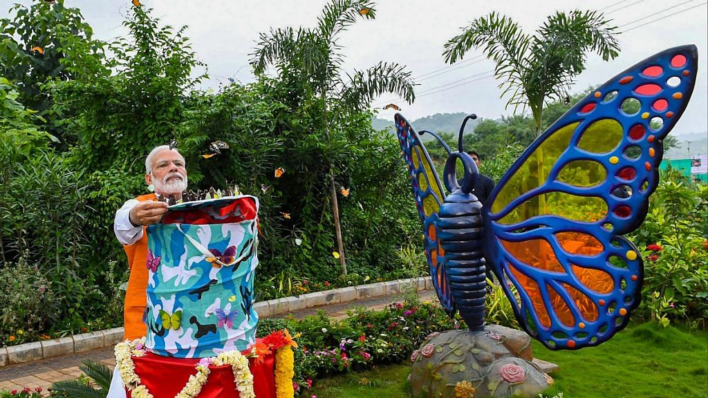 PM Narendra Modi releases butterflies at the Butterfly Park on the occasion of his 69th birthday, in Kevadia | PTI