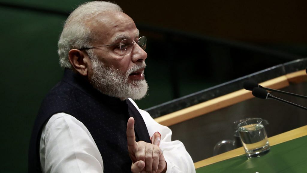 File photo: PM Narendra Modi speaks during the UN General Assembly meeting in New York, 27 Sept | Yana Paskova/Bloomberg