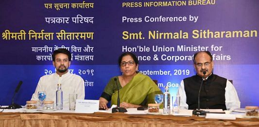 Finance Minister Nirmala Sitharaman addresses a press conference ahead of the 37th meeting of the GST Council, in Panaji, on 20 September 2019. MoS Finance Anurag Thakur and Revenue Secretary Ajay Bhushan Pandey are also seen | PTI