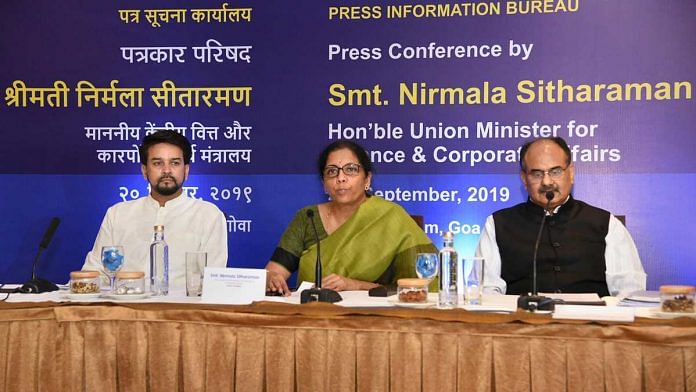 Finance Minister Nirmala Sitharaman addresses a press conference ahead of the 37th meeting of the GST Council, in Panaji, on 20 September 2019. MoS Finance Anurag Thakur and Revenue Secretary Ajay Bhushan Pandey are also seen | PTI