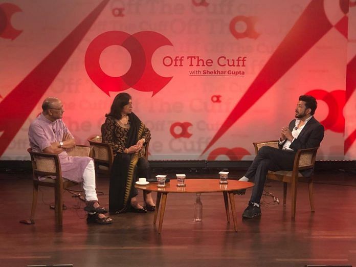 (From left) Shekhar Gupta, Kiran Mazumdar Shaw and Siddhartha Mukherjee at Off The Cuff in Bengaluru