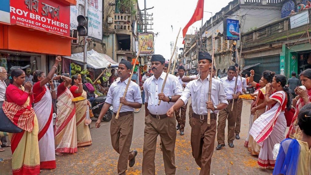 RSS workers participate in path-sanchalan (route march), at Bolpur in Birbhum on 29 September