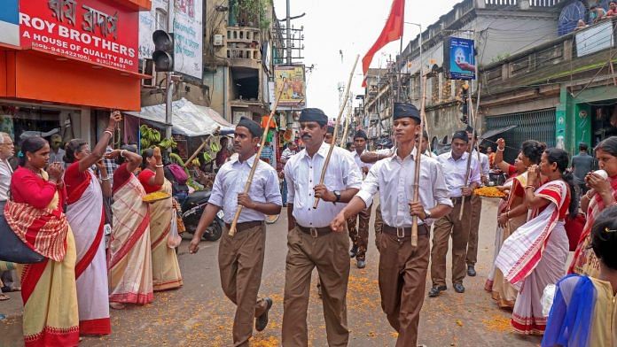 RSS workers participate in path-sanchalan (route march), at Bolpur in Birbhum on 29 September