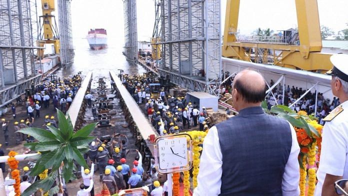 Defence Minister Rajnath Singh after the launch of INS Nilgiri on 28 September | Twitter photo via PTI