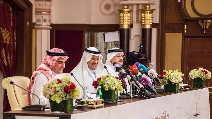 Following the oil refinery attacks, Abdulaziz bin Salman, Saudi Arabia's energy minister (center), speaks during a news conference with Amin Nasser, chief executive officer of Aramco (right), and Yasir Al-Rumayyan, chairman of Aramco, in Jeddah, Saudi Arabia Tuesday