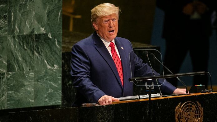 US President Donald Trump speaks during the UN General Assembly meeting in New York, 24 Sept | Jeenah Moon/Bloomberg