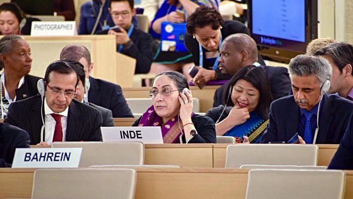 MEA's Secretary (East) Vijay Thakur Singh (centre) with other Indian officials at the UNHRC meet in Geneva | ANI