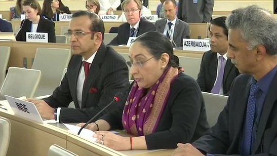 MEA's Secretary (East), Vijay Thakur Singh (centre) with other Indian officials at the UNHRC meet in Geneva