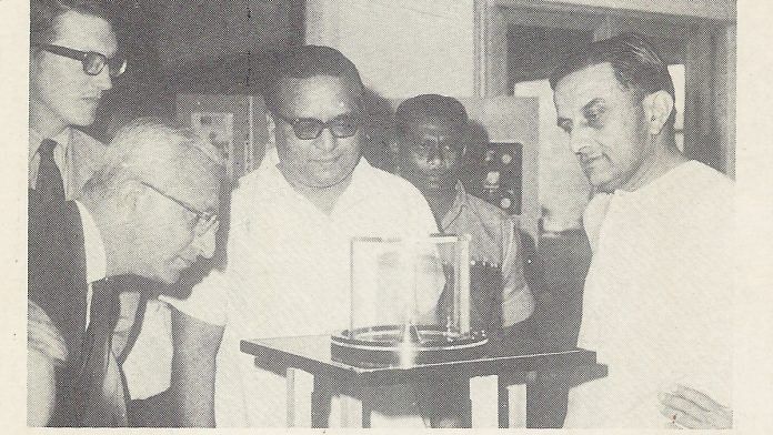 Vikram Sarabhai observes a sample collected from moon at display in Delhi
