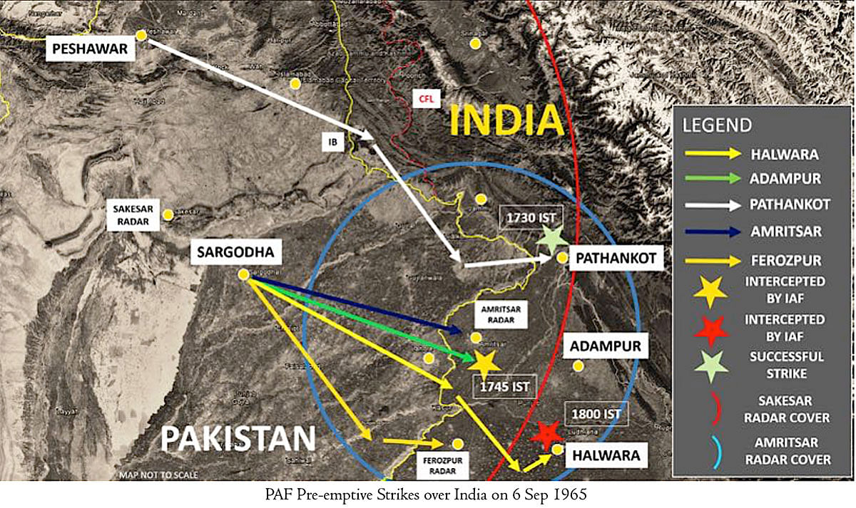 PAF's preemptive strikes over India on 6 September 1965. | Map: By special arrangement