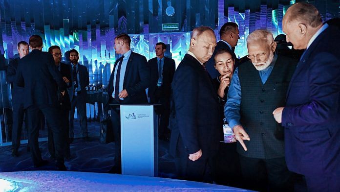 Prime Minister Narendra Modi with Russian President Vladimir Putin at ‘Street of the Far East’ exhibition in Russia | PTI