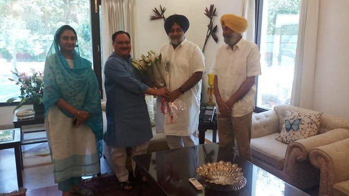 Union Minister Harsimrat Kaur Badal and Shiromani Akali Dal (SAD) president Sukhbir Singh Badal met BJP Working President Jagat Prakash Nadda at latter's residence in June. | @ANI | Twitter