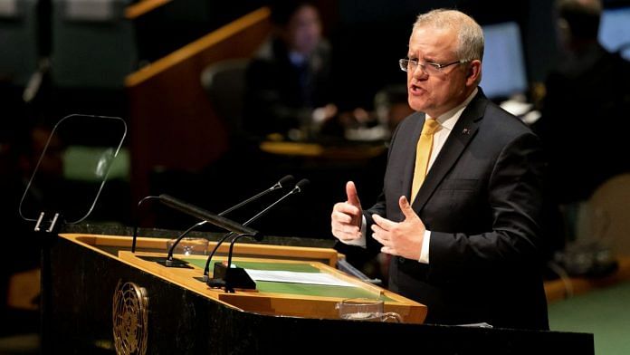Scott Morrison, Australia's Prime Minister, speaks during the UN General Assembly meeting in New York, U.S. | Photographer: Jeenah Moon | Bloomberg