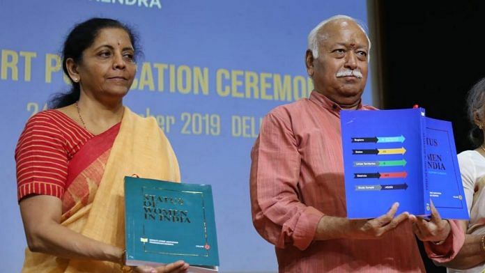 RSS chief Mohan Bhagwat with Finance Minister Nirmala Sitharaman at the release of a report in New Delhi. | Photo: Suraj Singh Bisht | ThePrint