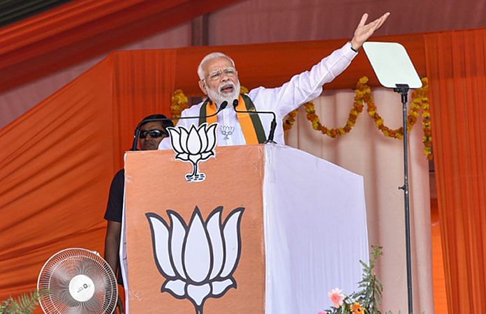 Prime Minister Narendra Modi speaks during an election campaign rally ahead of the assembly polls in Sirsa, Haryana
