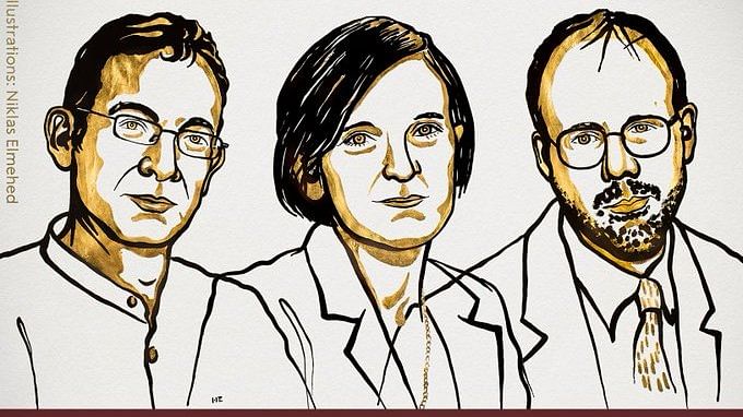 Illustrations of Abhijit Banerjee, Esther Duflo and Michael Kremer | Twitter: @NobelPrize