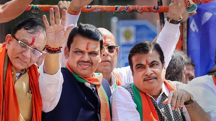 File photo | Devendra Fadnavis arrives to file his nomination papers for assembly elections, with Union Minister Nitin Gadkari and Maharashtra BJP President Chandrakant Patil, in Nagpur | PTI