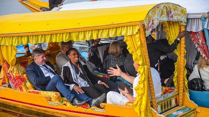 Members of European Union Parliamentary delegation during a shikara ride at Dal Lake in Srinagar, Tuesday