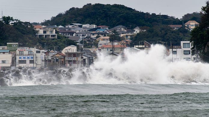 Waves break on the shore ahead of Typhoon Hagibis in Fujisawa in Japan on 11 October|