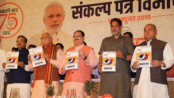 CM Manohar Lal Khattar, BJP's Working President J P Nadda and others releasing election manifesto in Chandigarh on 13 October | Photo: Twitter @BJP4Haryana