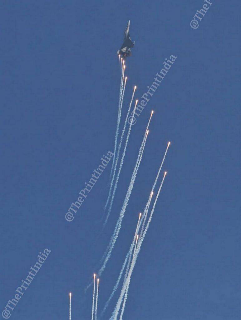 An Indian Air Force aircraft carries out a manoeuvre during the Air Force Day celebration at Hindon | Photo: Suraj Singh Bisht | ThePrint 