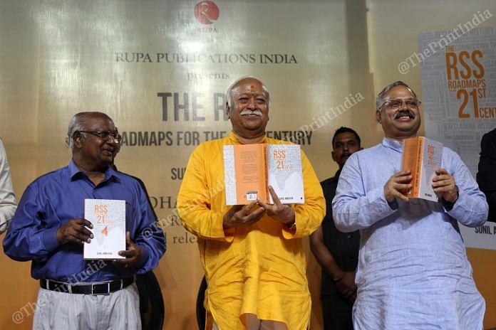RSS chief Mohan Bhagwat launches the book 'The RSS: Roadmaps for 21st Century' in New Delhi | Photo: Suraj Singh Bisht | ThePrint