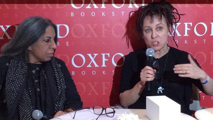 Olga Tokarczuk (R) with publisher and author Urvashi Butalia (L) from an event at the Oxford Book Store during the 2014 New Delhi World Book Fair