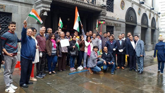 Indian community members in front of the Indian High Commission in London | Photo: @HCI_London | Twitter