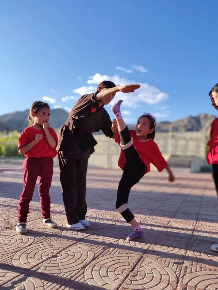 Jigme Rupa Lhamo teaching young nuns the martial art of Kung Fu