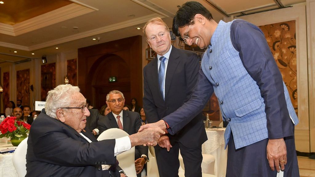 Union Minister Piyush Goyal shakes hands with former US secretary of state Henry Kissinger at second annual India Leadership Summit in New Delhi