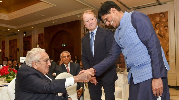 Union Minister Piyush Goyal shakes hands with former US secretary of state Henry Kissinger at second annual India Leadership Summit in New Delhi