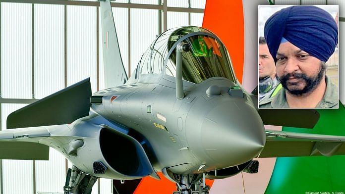 Group Captain Harkirat Singh (inset) will be the first commanding officer of the new Rafale squadron | Background photo: Twitter | Indian Air Force (@IAF_MCC) | Inset photo: Twitter | @rajnathsingh