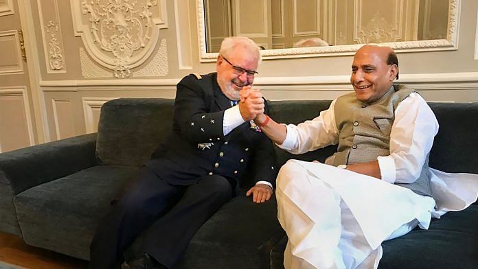 Paris: Union Defence Minister Rajnath Singh meets with Defence Advisor to the French President, Admiral Bernard Rogel, in Paris | Twitter