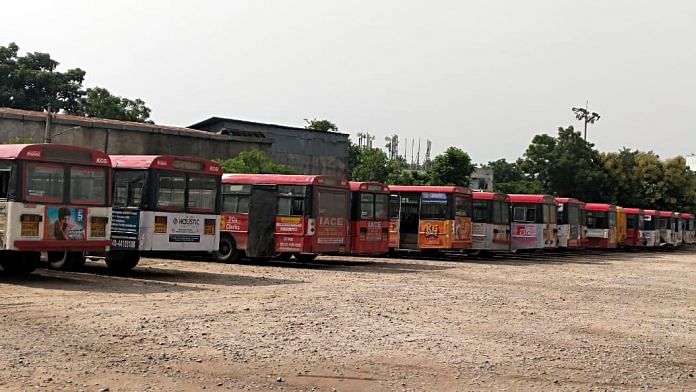 Buses stand at as TSRTC employees are on an indefinite strike demanding fulfilment of various demands including RTC merger with the Government, in Hyderabad on Saturday | ANIPix