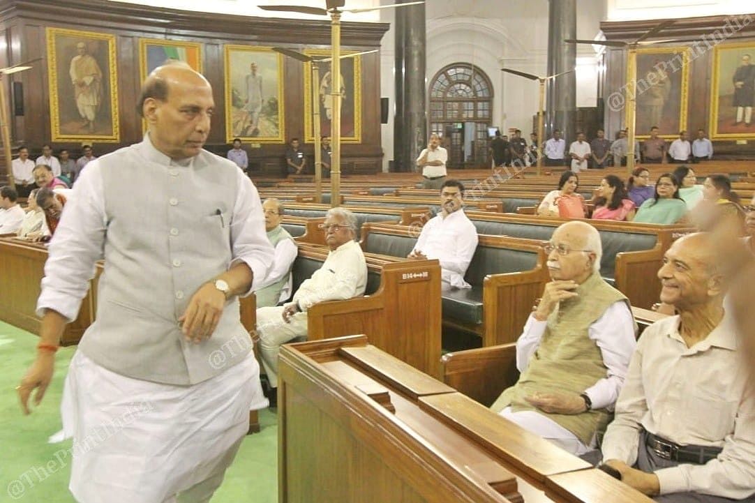 Defence Minister Rajnath Singh was among others who offered rose petals at the portrait of Gandhi in the historic Central Hall | Praveen Jain | ThePrint