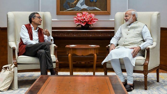 Prime Minister Narendra Modi and Indian-American Nobel laureate Abhijit Banerjee during a meeting at the PM's residence, in New Delhi, Tuesday. | PTI