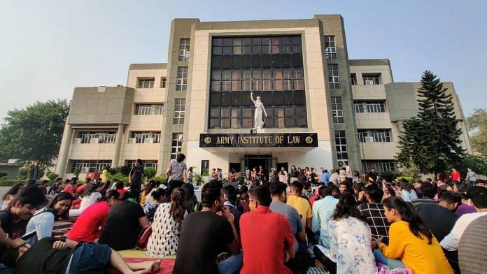 Students protesting at the Army Institute of Law campus in Mohali. | Photo: Protests at Army Institute of Law/Twitter