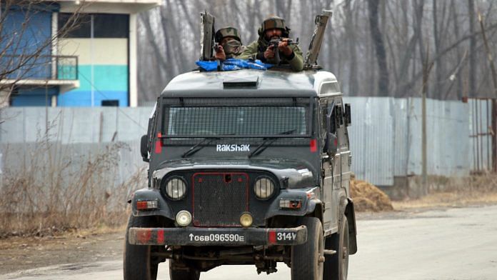 An army armored vehicle at Pulwama district in south Kashmir on 18 February